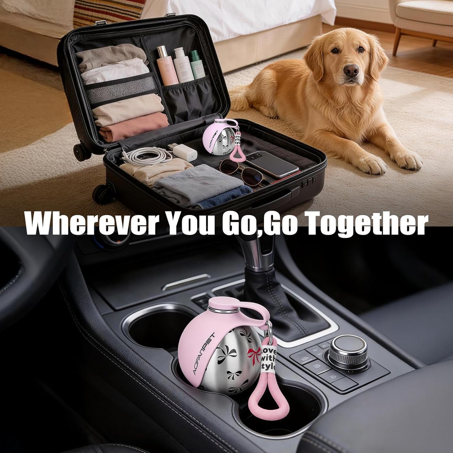 Portable Dog Water Bottle 10Oz Stainless Steel Travel Dog Water Dispenser with Bowl No-Spill Puppy Water Bottle for Walking Hiking Small Dog Water Bottle (Pink Bow Print)