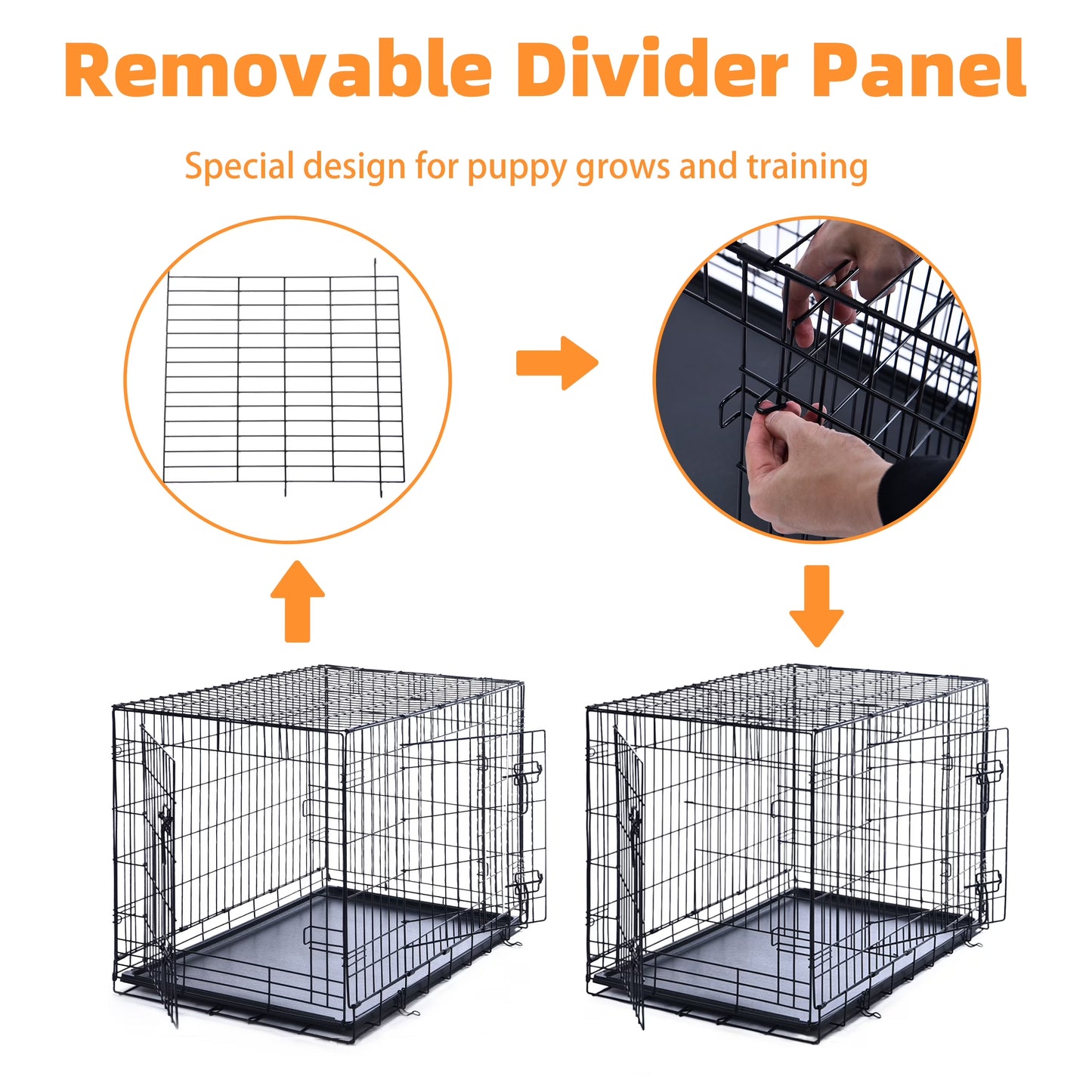 Double-Door Dog Crate, Foldable Metal Wire Kennel, Portable, Tray and Divider Included, 42" X 27" X 30"