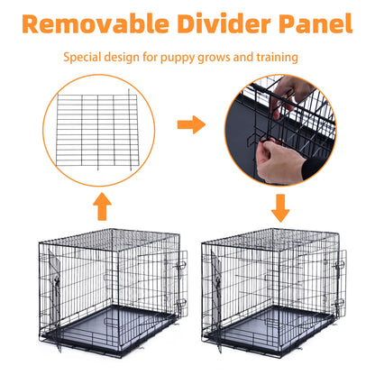 Double-Door Dog Crate, Foldable Metal Wire Kennel, Portable, Tray and Divider Included, 42" X 27" X 30"