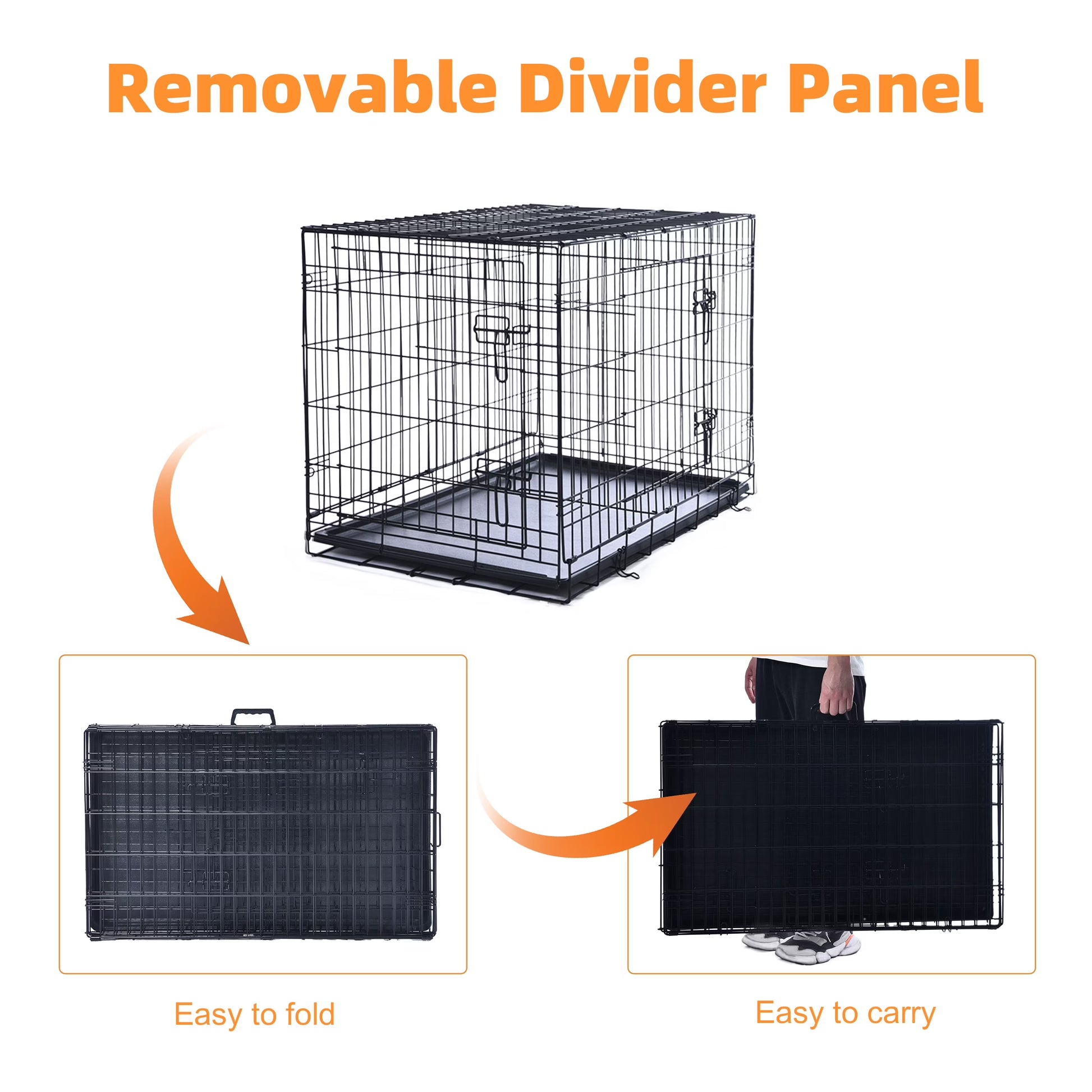 Double-Door Dog Crate, Foldable Metal Wire Kennel, Portable, Tray and Divider Included, 42" X 27" X 30"
