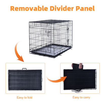 Double-Door Dog Crate, Foldable Metal Wire Kennel, Portable, Tray and Divider Included, 42" X 27" X 30"
