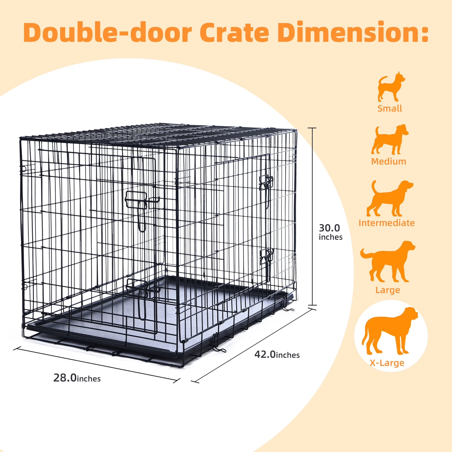 Double-Door Dog Crate, Foldable Metal Wire Kennel, Portable, Tray and Divider Included, 42" X 27" X 30"