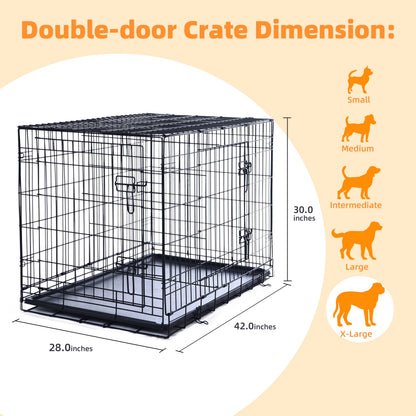 Double-Door Dog Crate, Foldable Metal Wire Kennel, Portable, Tray and Divider Included, 42" X 27" X 30"