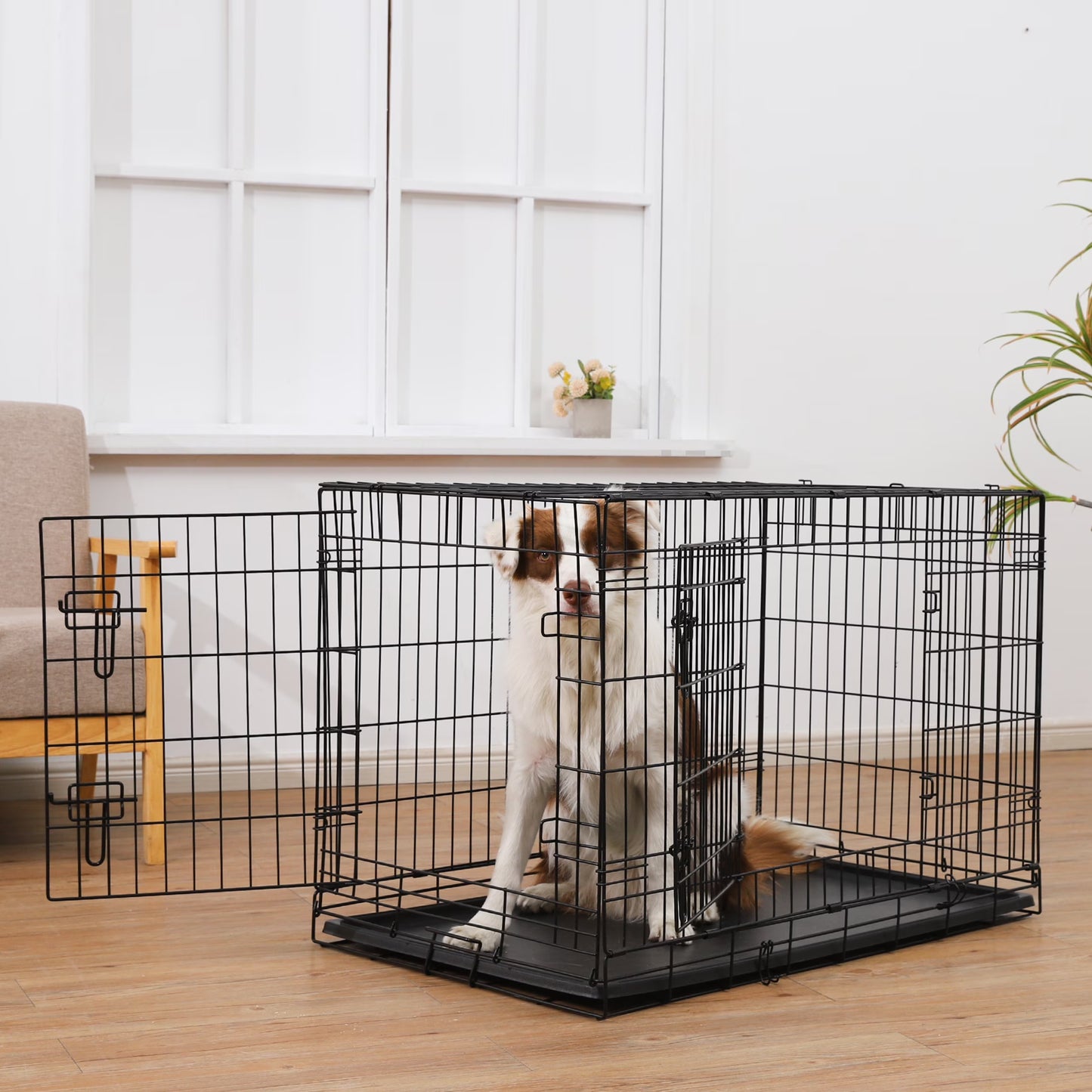 Double-Door Dog Crate, Foldable Metal Wire Kennel, Portable, Tray and Divider Included, 42" X 27" X 30"
