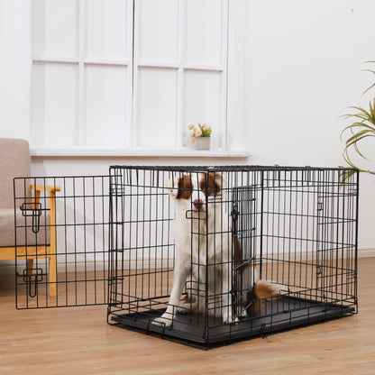 Double-Door Dog Crate, Foldable Metal Wire Kennel, Portable, Tray and Divider Included, 42" X 27" X 30"
