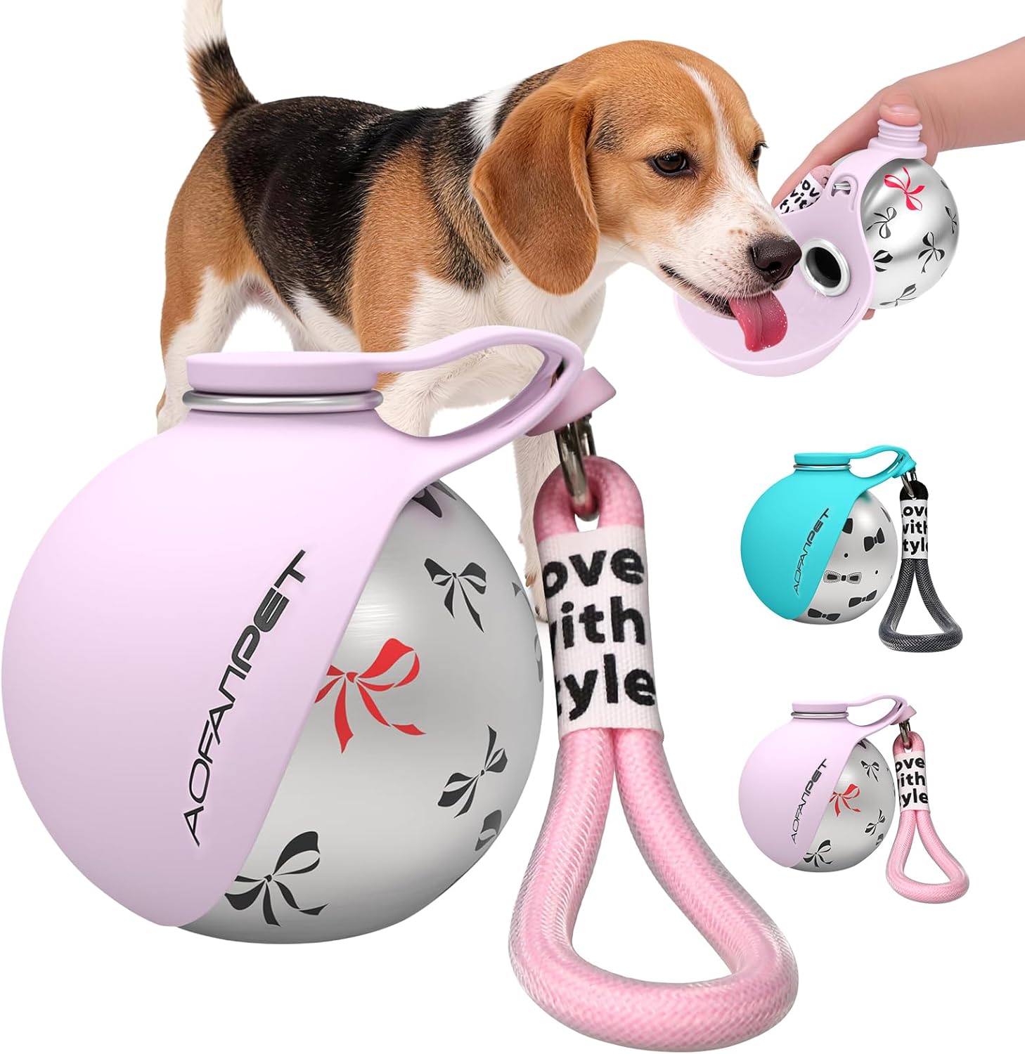 Portable Dog Water Bottle 10Oz Stainless Steel Travel Dog Water Dispenser with Bowl No-Spill Puppy Water Bottle for Walking Hiking Small Dog Water Bottle (Pink Bow Print)