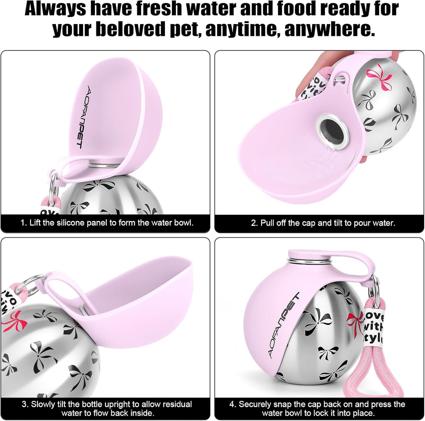 Portable Dog Water Bottle 10Oz Stainless Steel Travel Dog Water Dispenser with Bowl No-Spill Puppy Water Bottle for Walking Hiking Small Dog Water Bottle (Pink Bow Print)