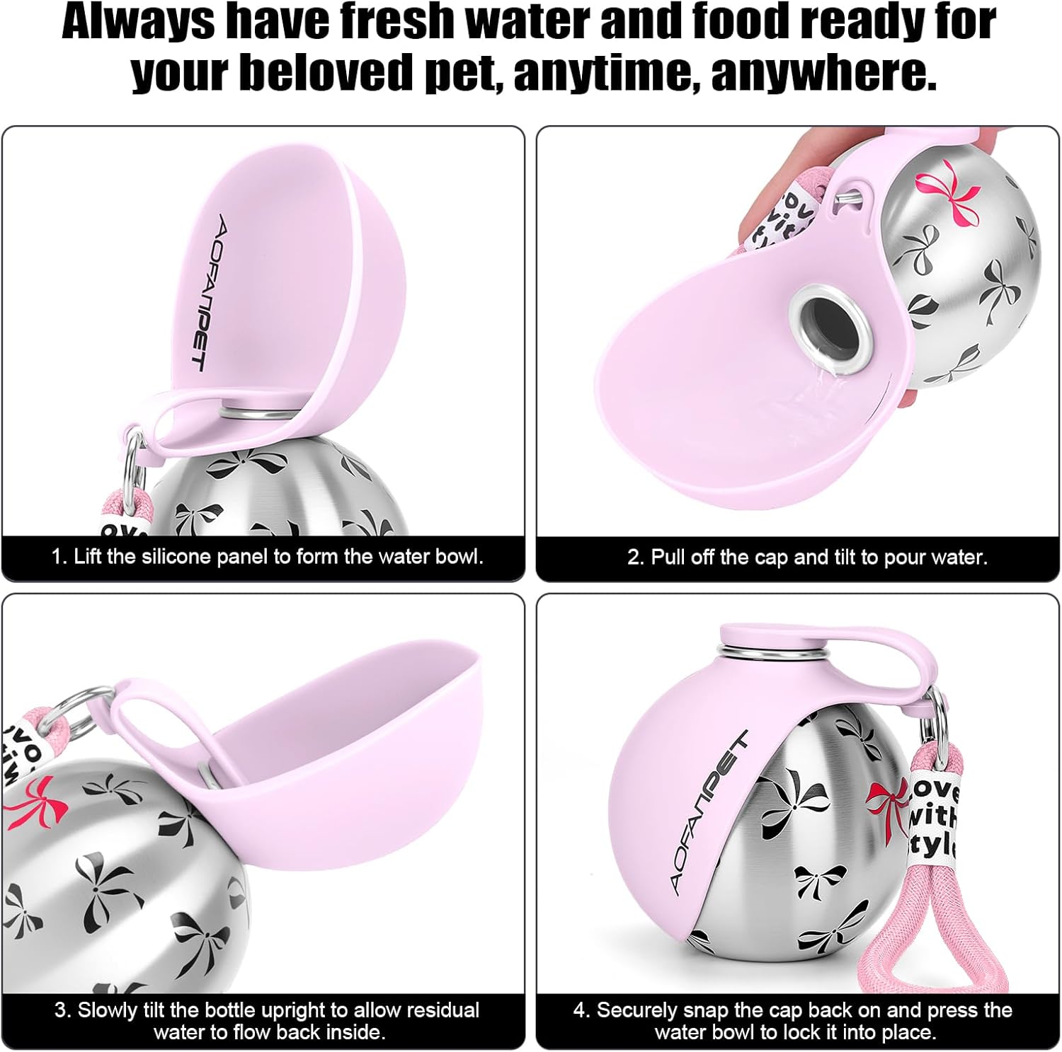 Portable Dog Water Bottle 10Oz Stainless Steel Travel Dog Water Dispenser with Bowl No-Spill Puppy Water Bottle for Walking Hiking Small Dog Water Bottle (Pink Bow Print)