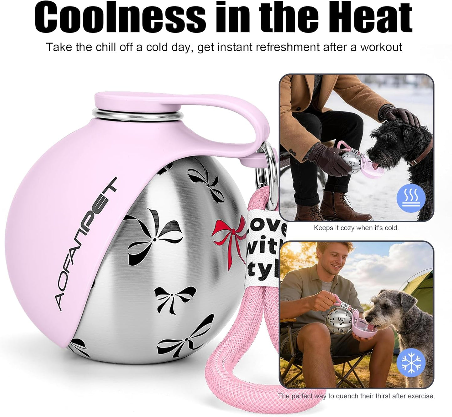 Portable Dog Water Bottle 10Oz Stainless Steel Travel Dog Water Dispenser with Bowl No-Spill Puppy Water Bottle for Walking Hiking Small Dog Water Bottle (Pink Bow Print)