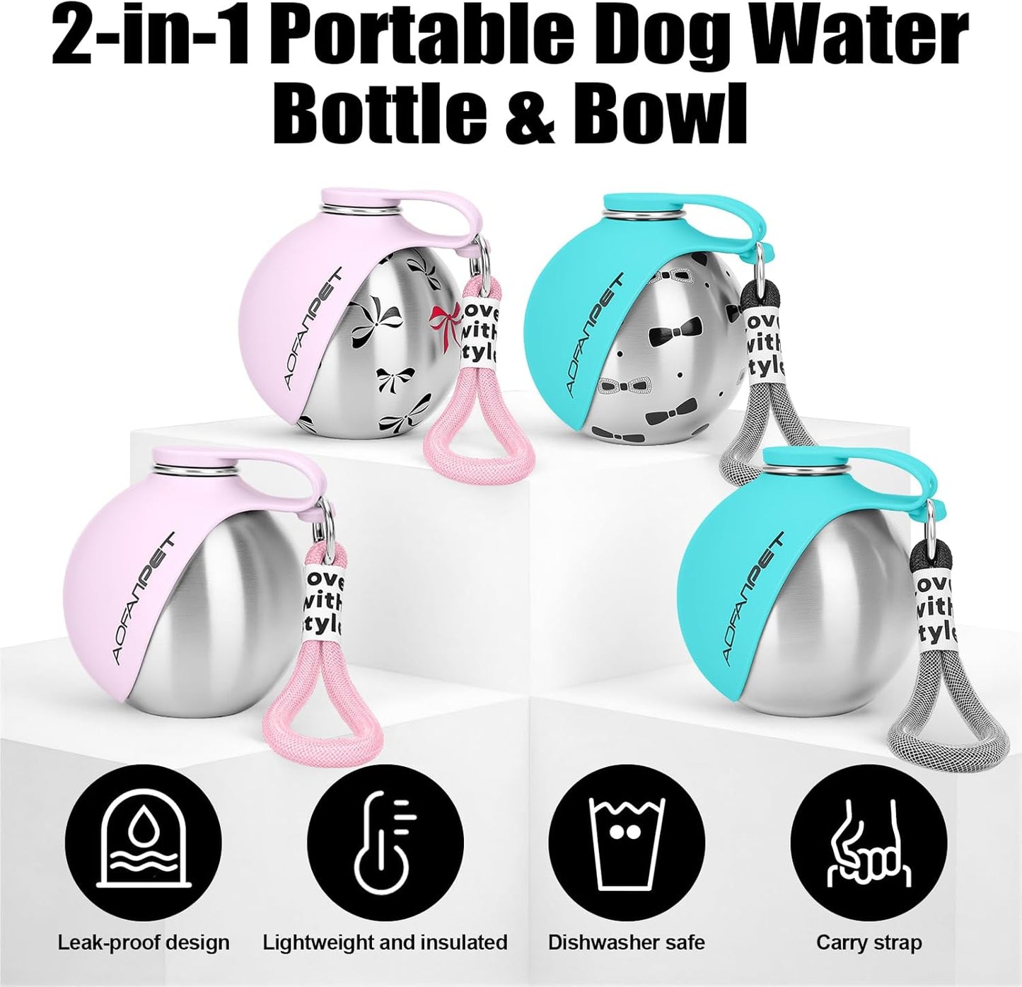Portable Dog Water Bottle 10Oz Stainless Steel Travel Dog Water Dispenser with Bowl No-Spill Puppy Water Bottle for Walking Hiking Small Dog Water Bottle (Pink Bow Print)
