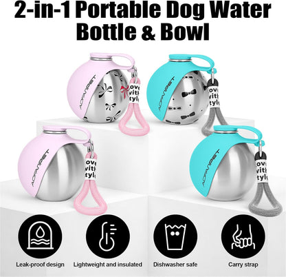 Portable Dog Water Bottle 10Oz Stainless Steel Travel Dog Water Dispenser with Bowl No-Spill Puppy Water Bottle for Walking Hiking Small Dog Water Bottle (Pink Bow Print)