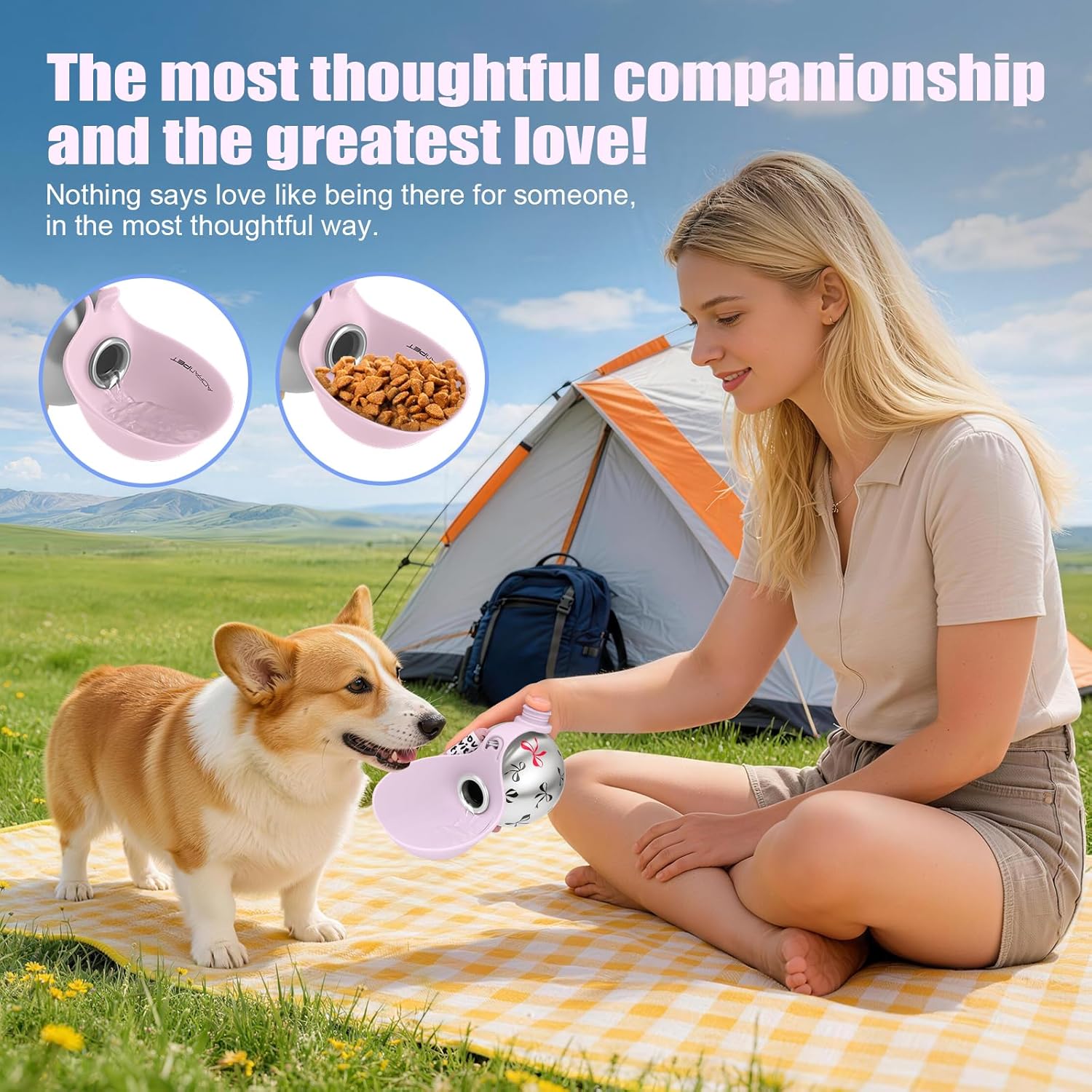 Portable Dog Water Bottle 10Oz Stainless Steel Travel Dog Water Dispenser with Bowl No-Spill Puppy Water Bottle for Walking Hiking Small Dog Water Bottle (Pink Bow Print)