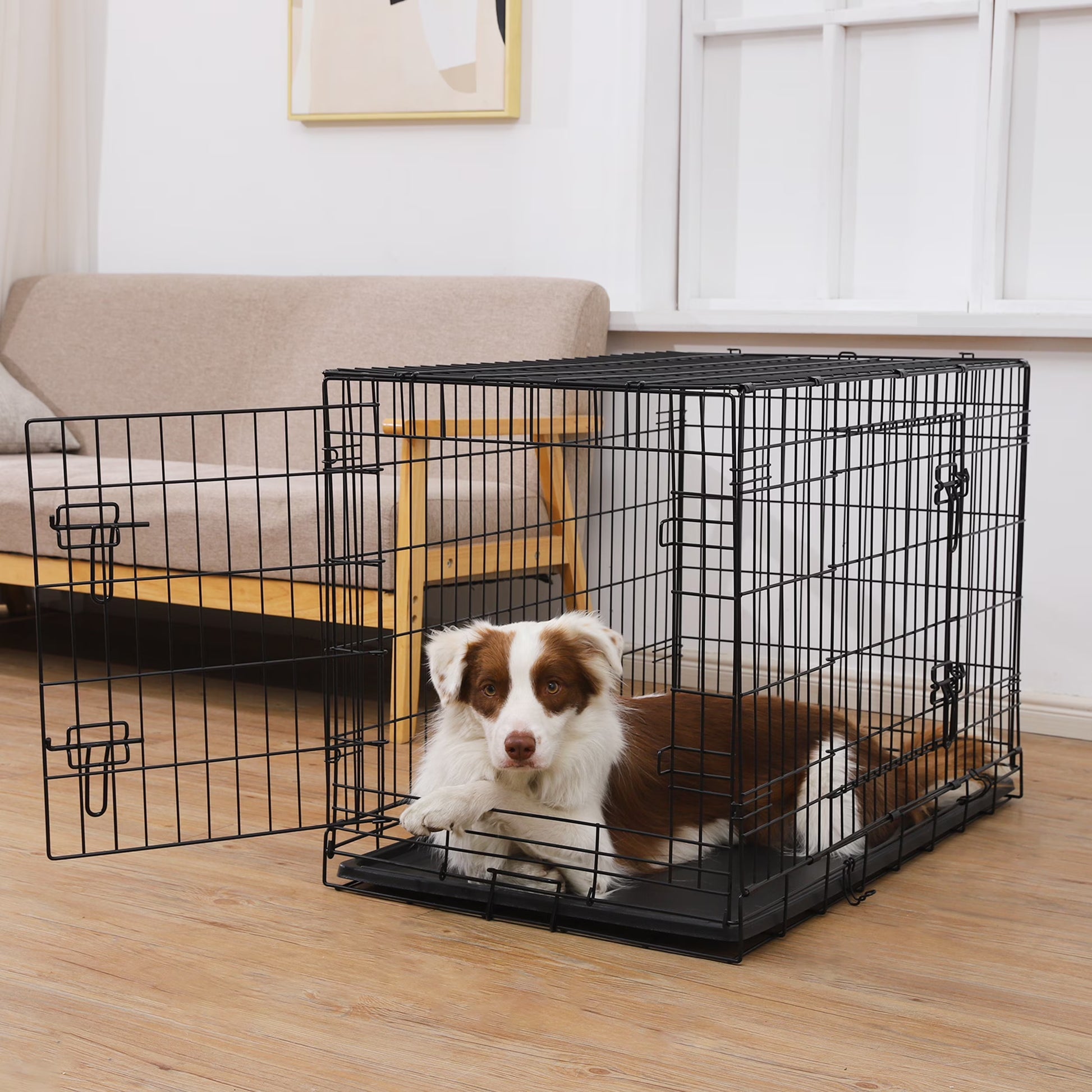 Double-Door Dog Crate, Foldable Metal Wire Kennel, Portable, Tray and Divider Included, 42" X 27" X 30"